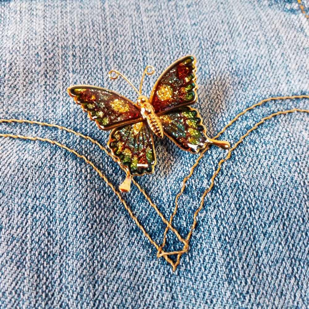 Vintage Metal Foil Laminate GLITTER Butterfly Pin